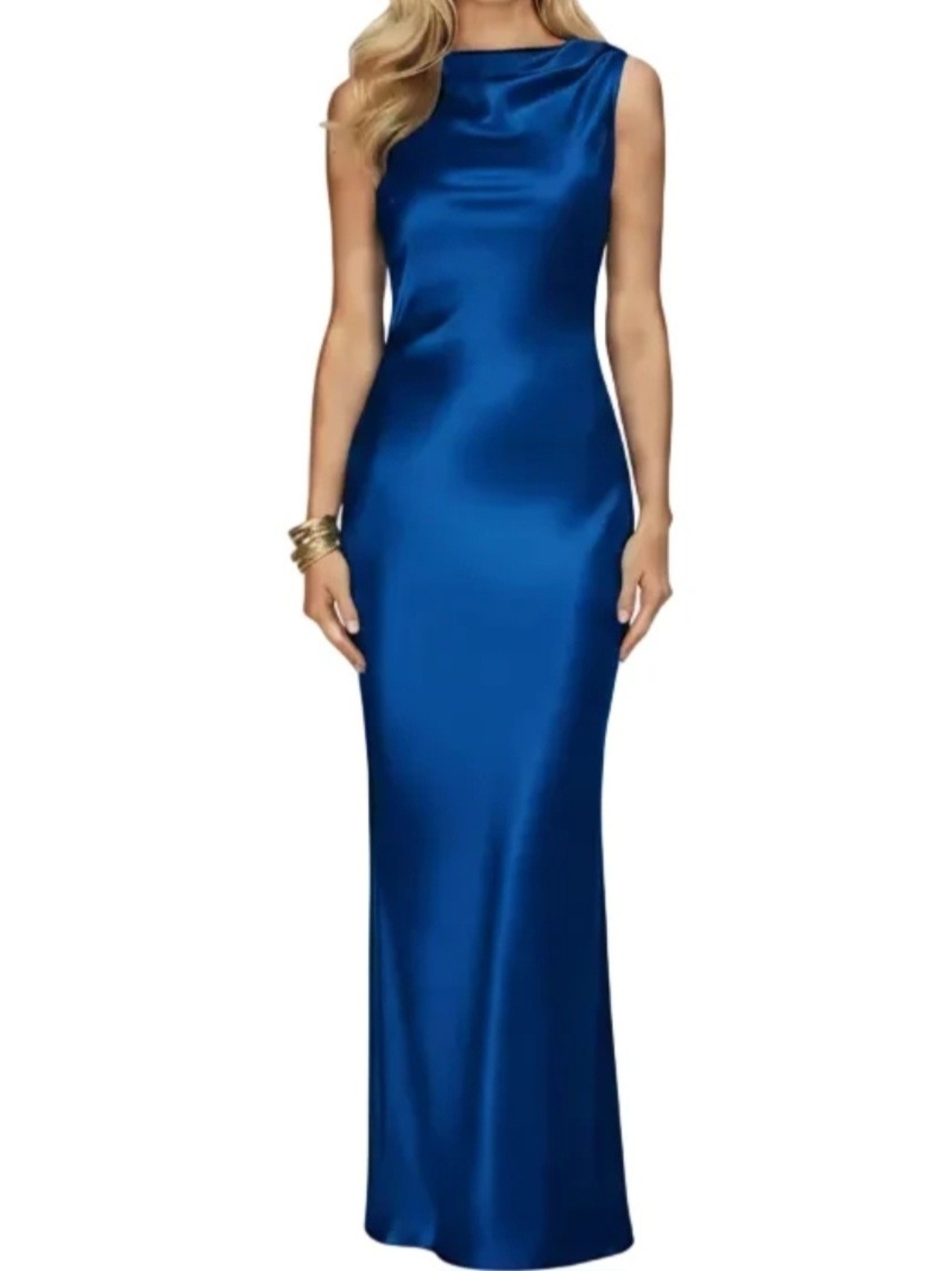 Satin Cowl Neck Low Back Evening Gown - Royal Blue